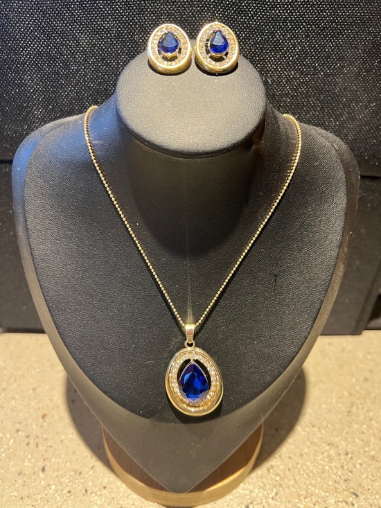 Jewelry - Gold-Tone Necklace and Stud Earrings with Sapphire Blue Teardrop Stones